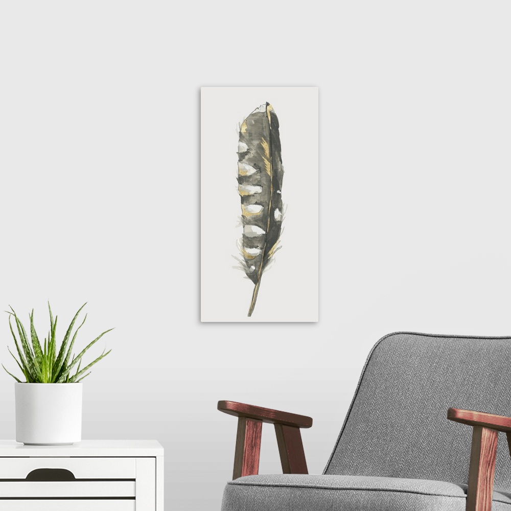 A modern room featuring Panel painting of a grey, white, and gold feather on a solid white background.