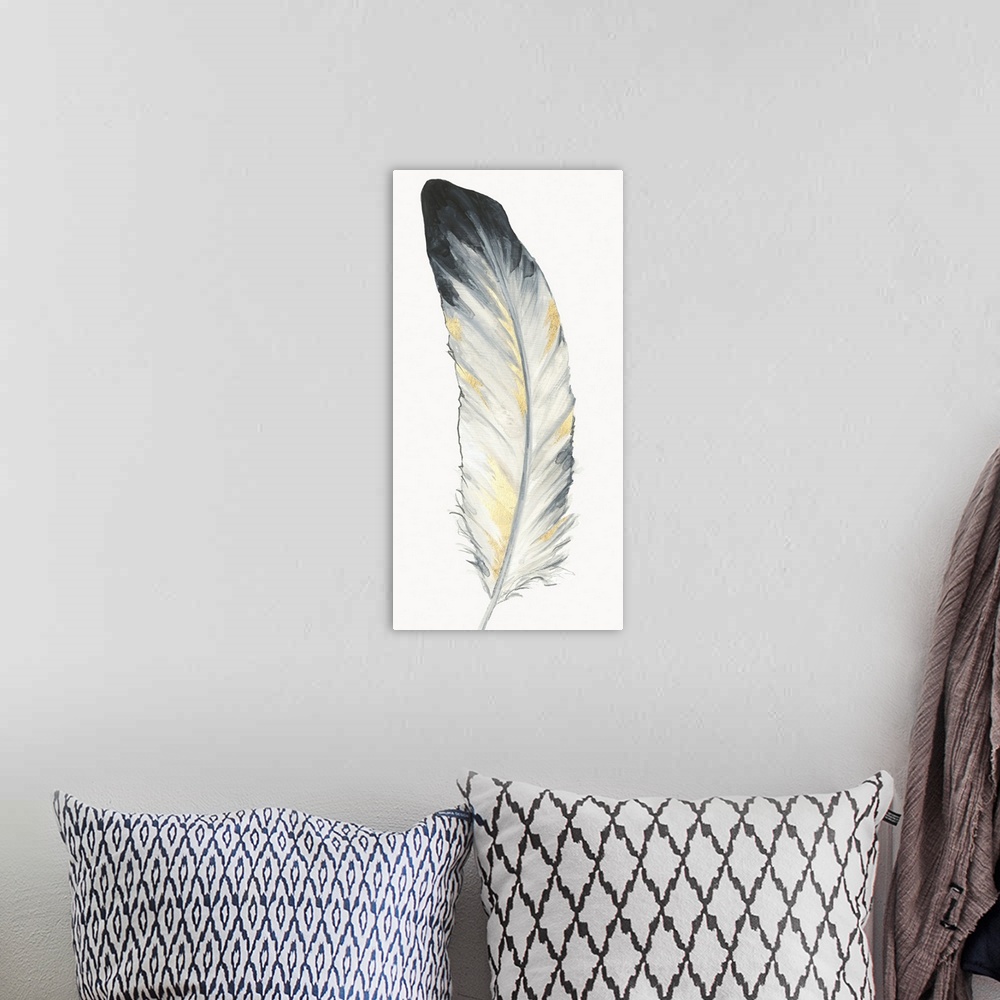 A bohemian room featuring Panel painting of a grey, white, and gold feather on a solid white background.