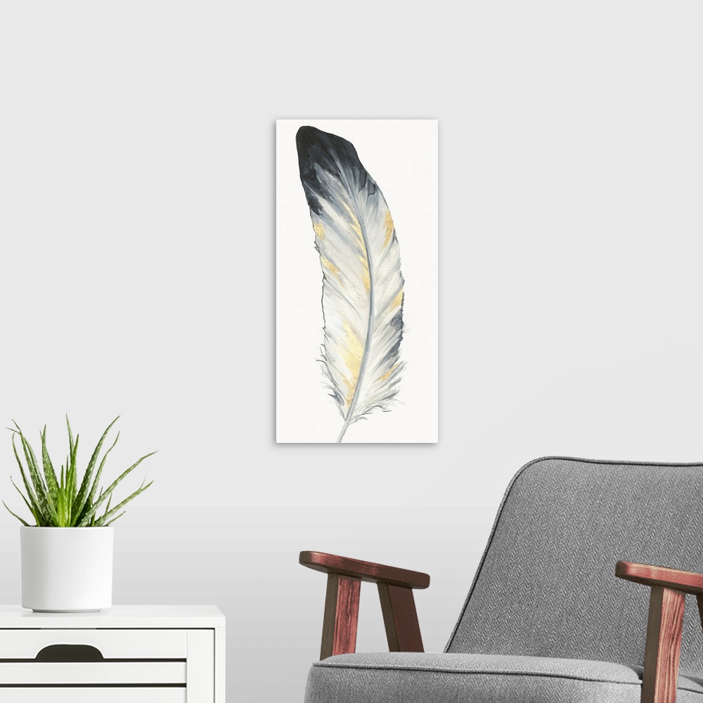 A modern room featuring Panel painting of a grey, white, and gold feather on a solid white background.