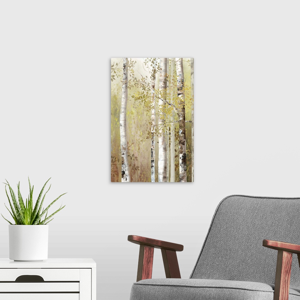 A modern room featuring Several slender white birch trees in a forest in neutral tones.