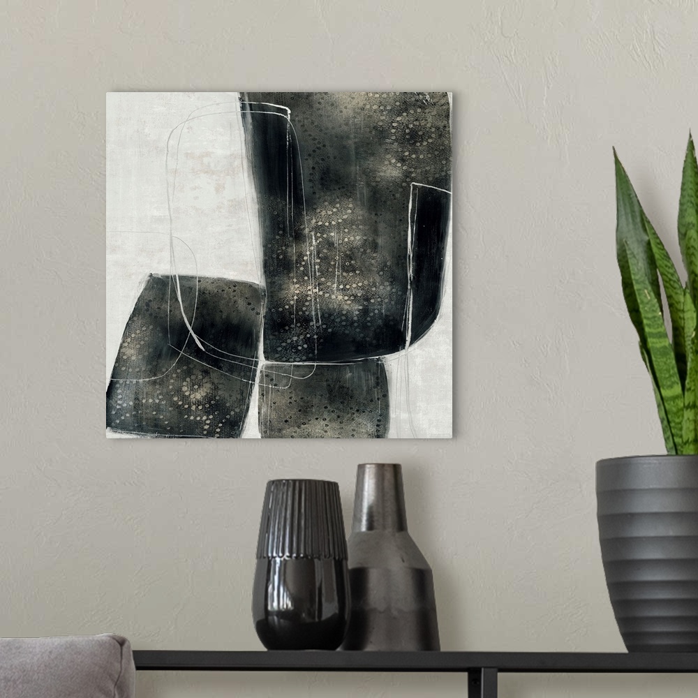 A modern room featuring A multi-layered, contemporary, monochrome painting with large organic shapes punctuated by small ...