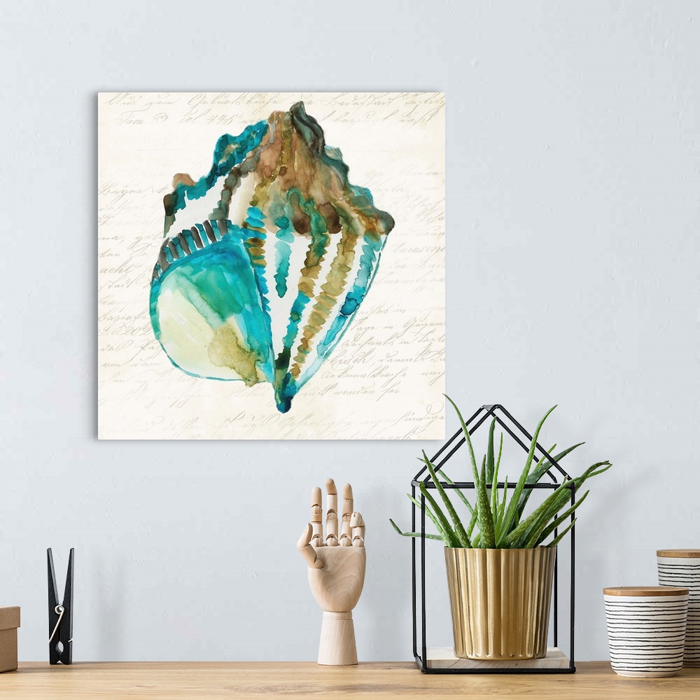 A bohemian room featuring Watercolor painting of a seashell in blue and brown.