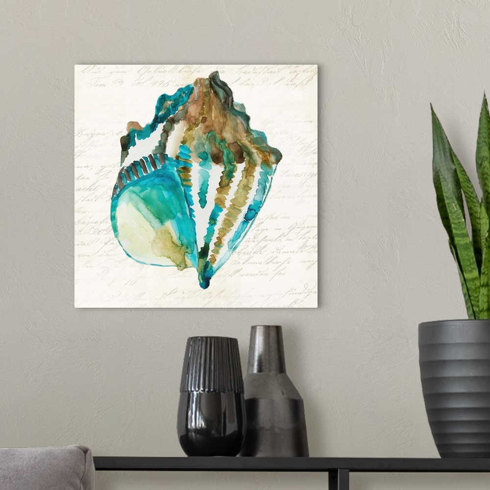 A modern room featuring Watercolor painting of a seashell in blue and brown.
