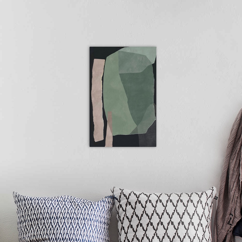 A bohemian room featuring A contemporary abstract art piece in bold neutrals that resemble torn pieces of paper