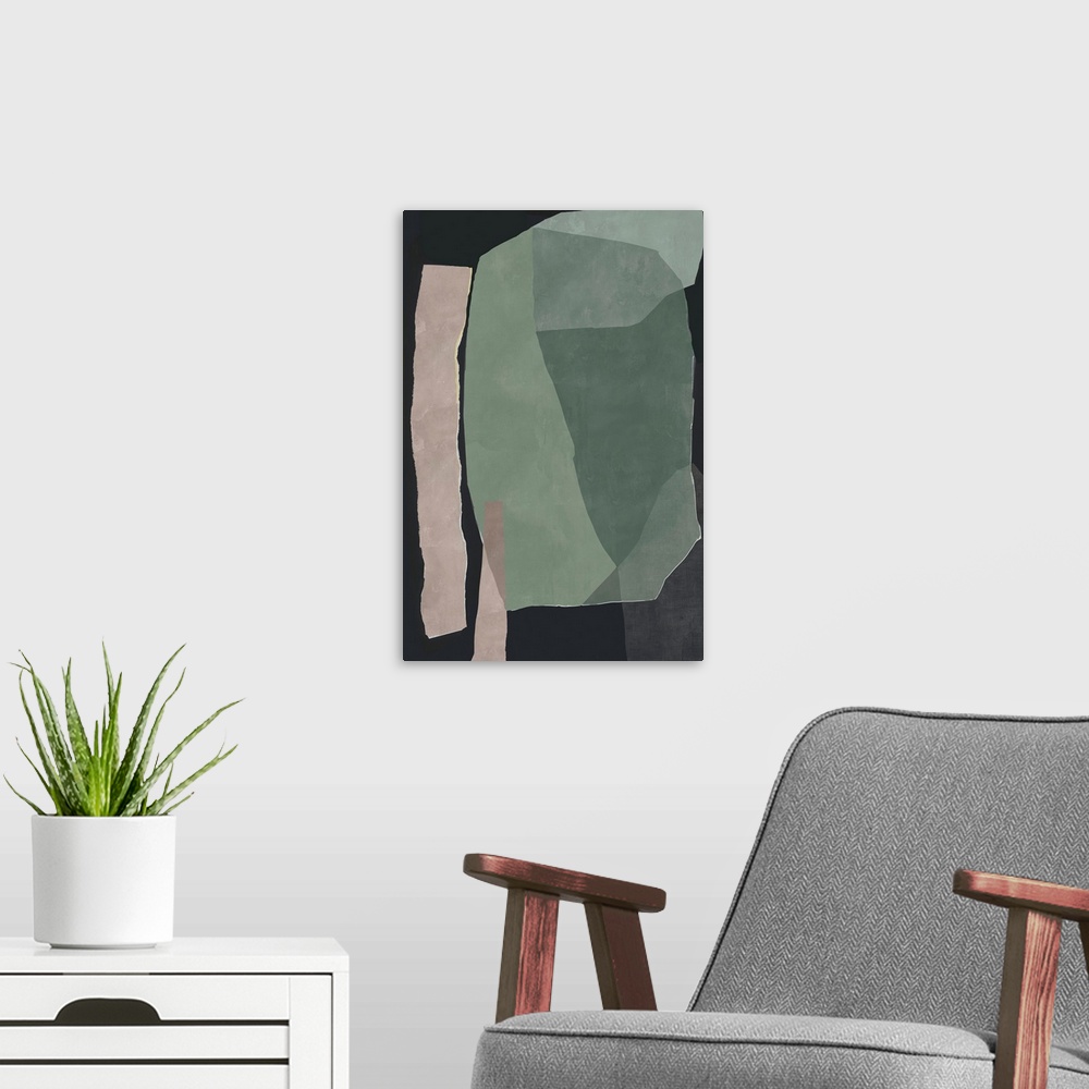 A modern room featuring A contemporary abstract art piece in bold neutrals that resemble torn pieces of paper