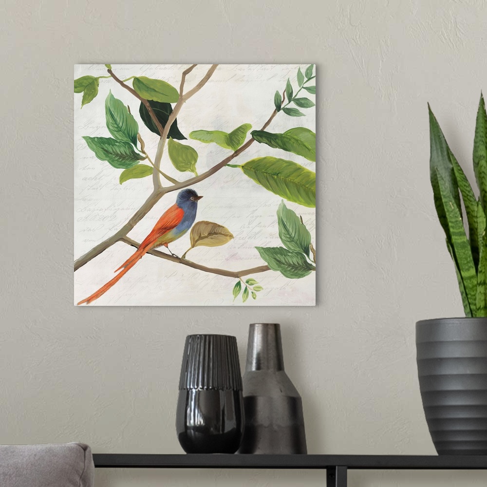 A modern room featuring A small, brightly colored bird perched on a branch among green leaves.
