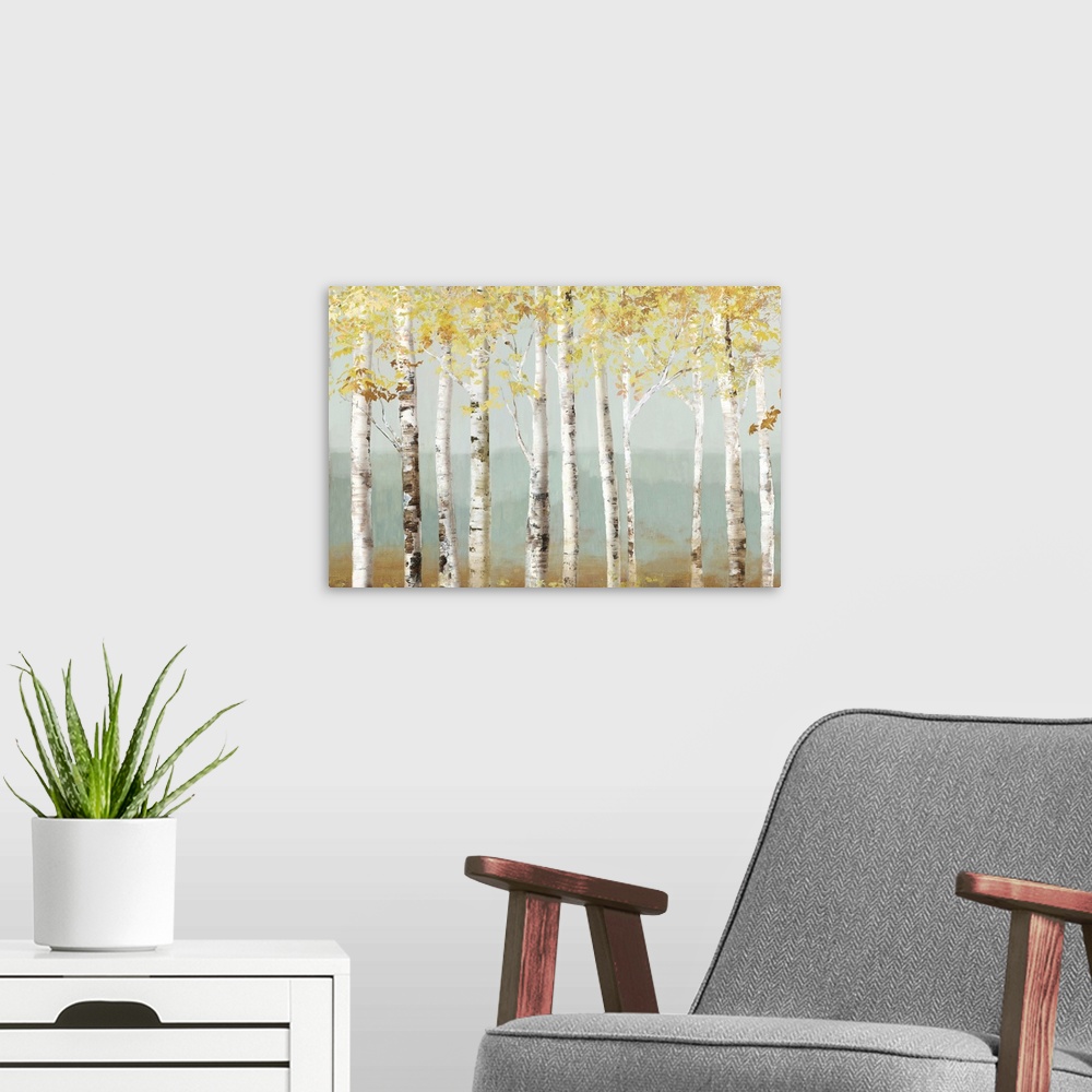 A modern room featuring Contemporary painting of a white birch forest with golden leaves.