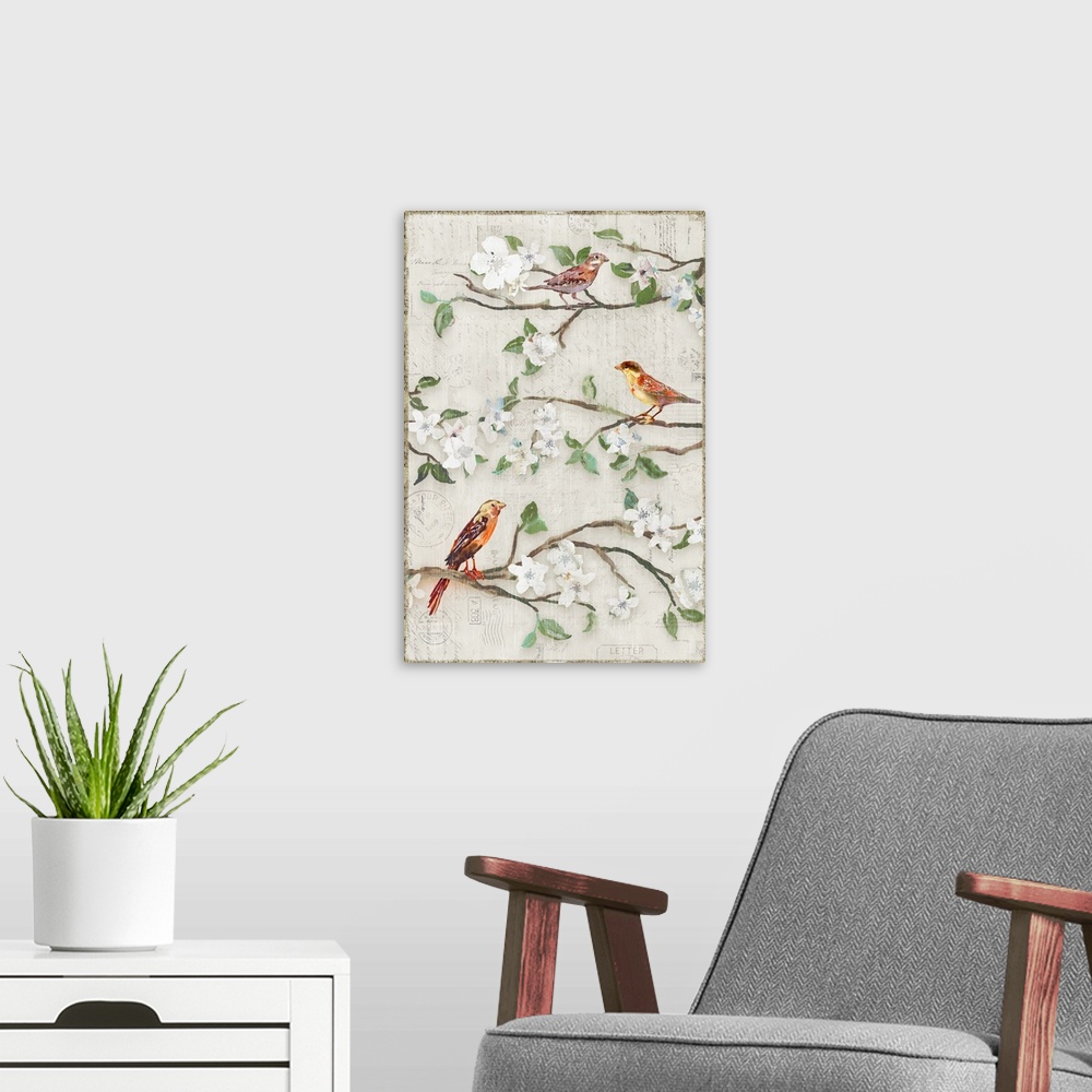 A modern room featuring Three small birds perched on branches with white blossoms.