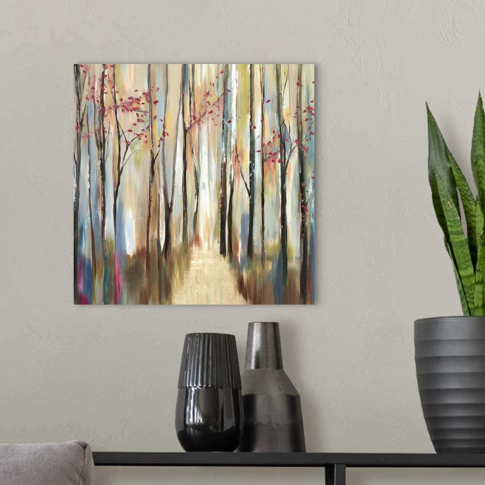 A modern room featuring Contemporary home decor artwork of an autumn forest.