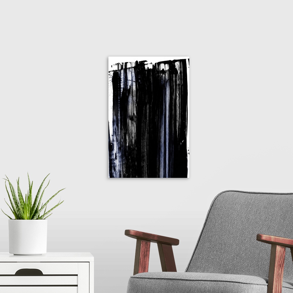 A modern room featuring Abstract painting of large black and blue brush strokes on white