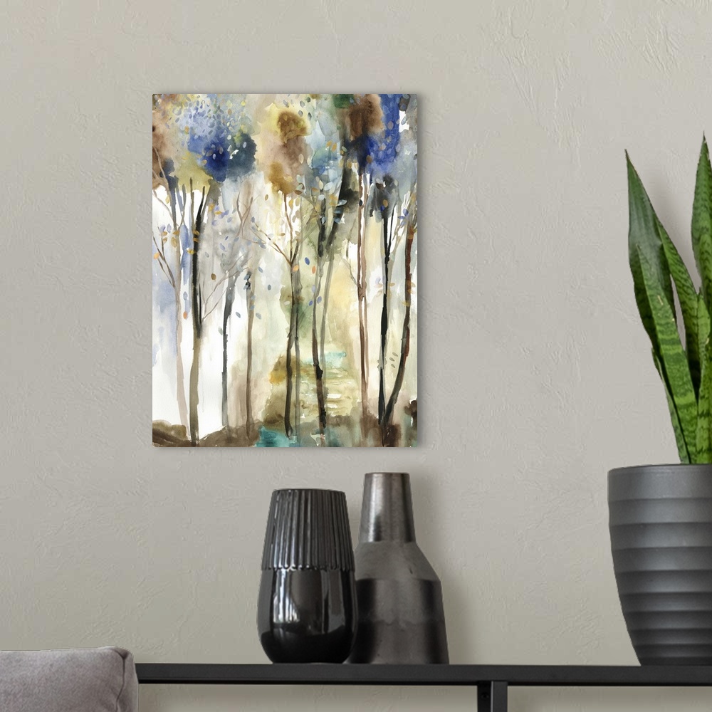 A modern room featuring Watercolor artwork of a forest with tall, thin trees.