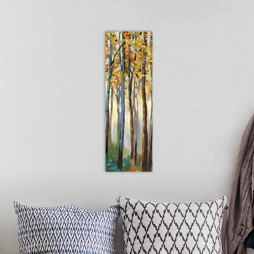 A bohemian room featuring Contemporary painting of a forest with thin trees and autumn leaves.