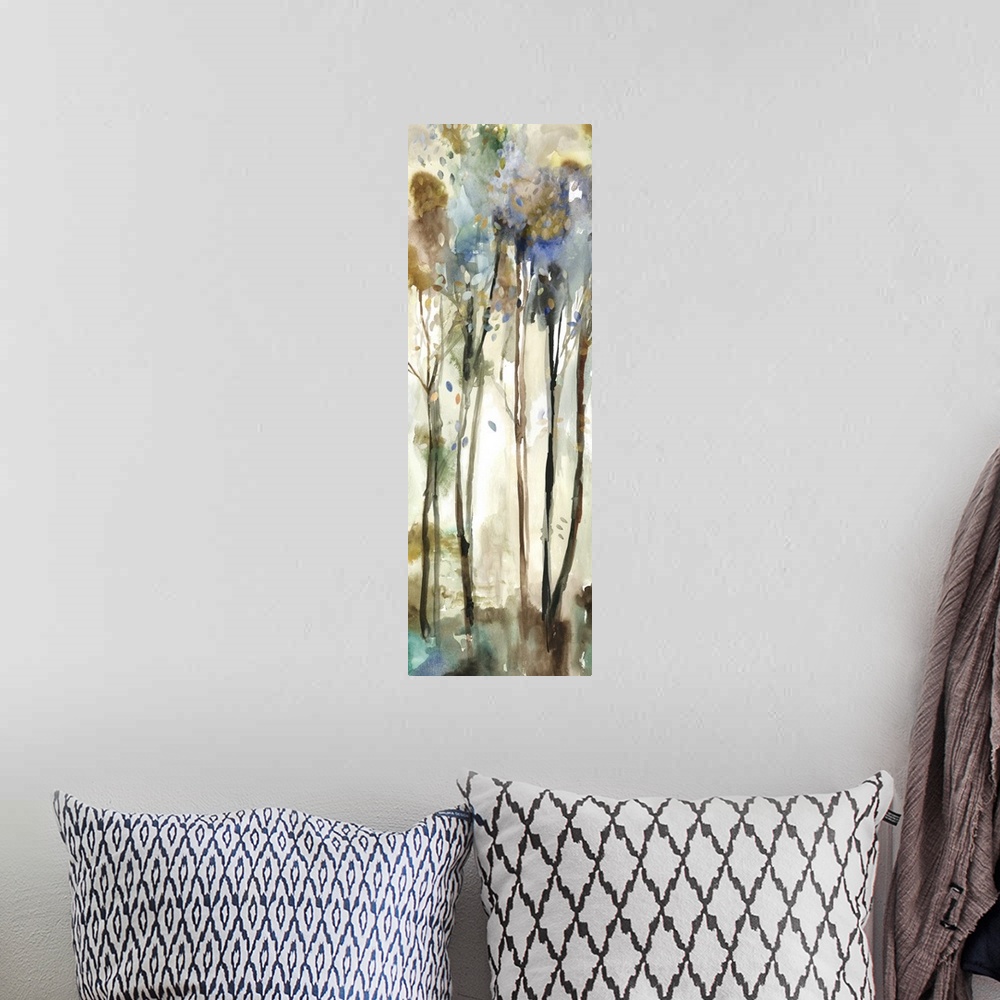 A bohemian room featuring Watercolor artwork of a forest with tall, thin trees.