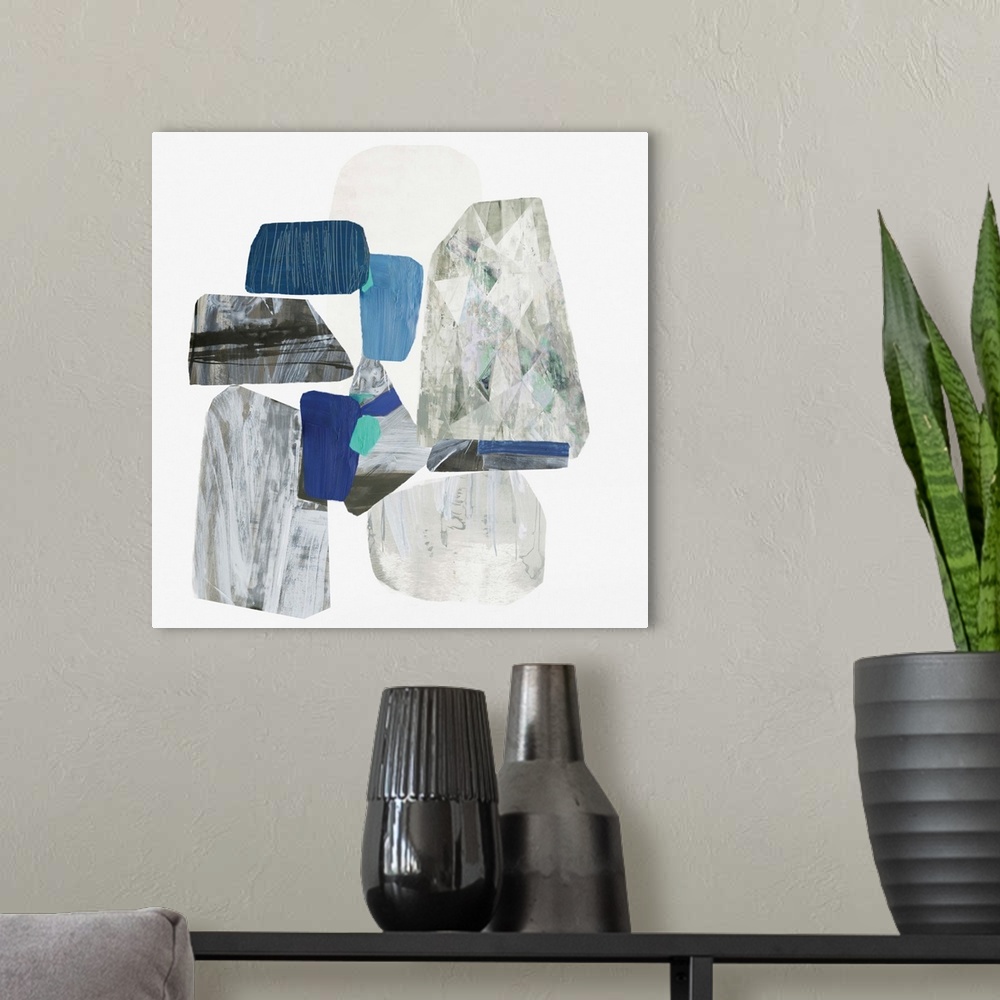 A modern room featuring Square contemporary painting of  stones in textured patterns in natural colors.
