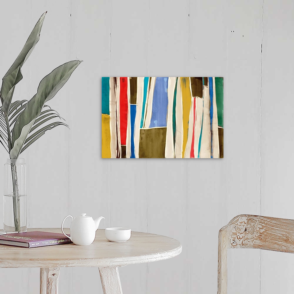 A farmhouse room featuring Abstract contemporary painting in multicolor patches in vertical bands.