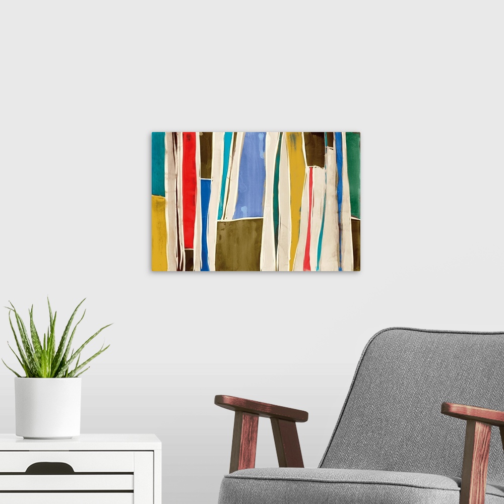 A modern room featuring Abstract contemporary painting in multicolor patches in vertical bands.