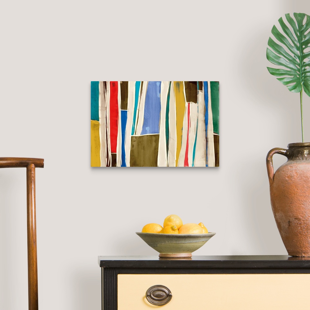 A traditional room featuring Abstract contemporary painting in multicolor patches in vertical bands.