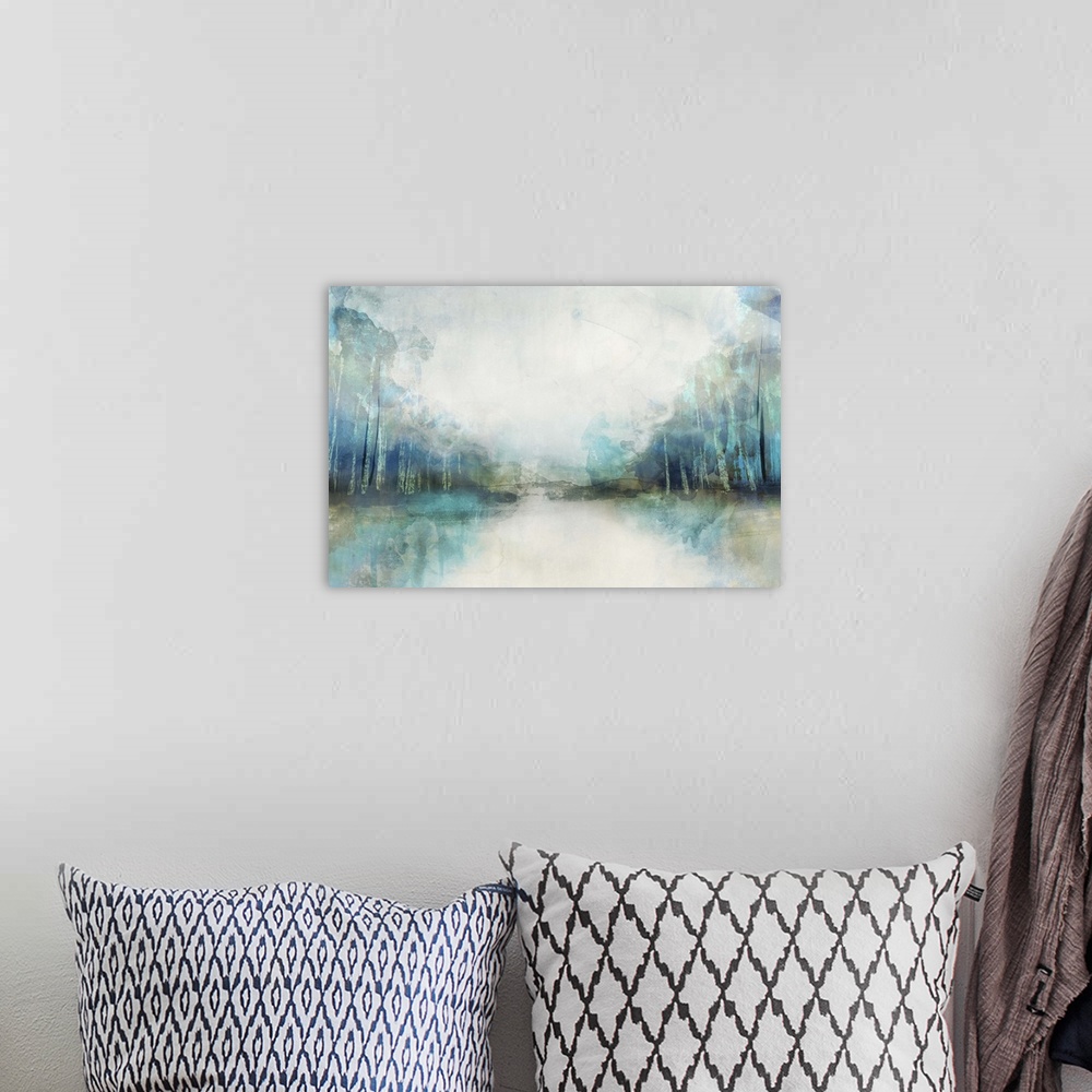 A bohemian room featuring Contemporary abstract home decor artwork using soft colors.