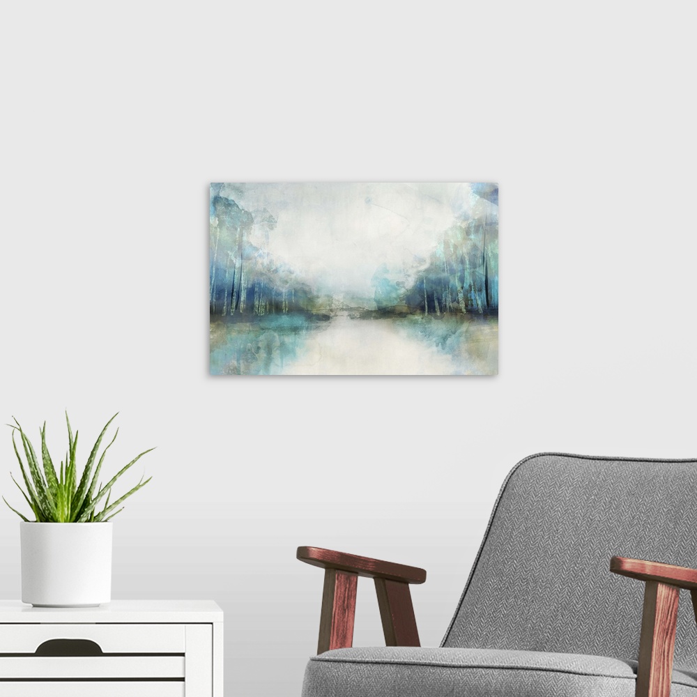 A modern room featuring Contemporary abstract home decor artwork using soft colors.