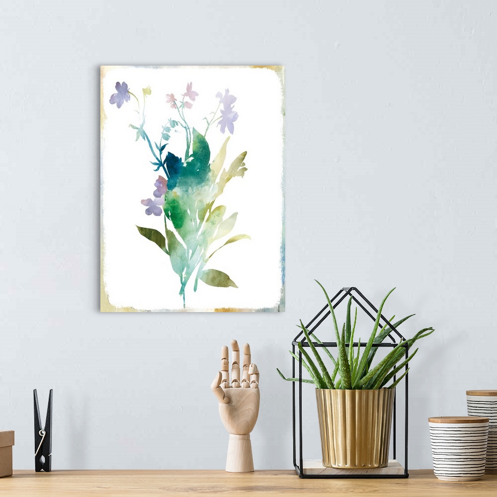 A bohemian room featuring Outline of a small arrangement of flowers in pastel watercolors.