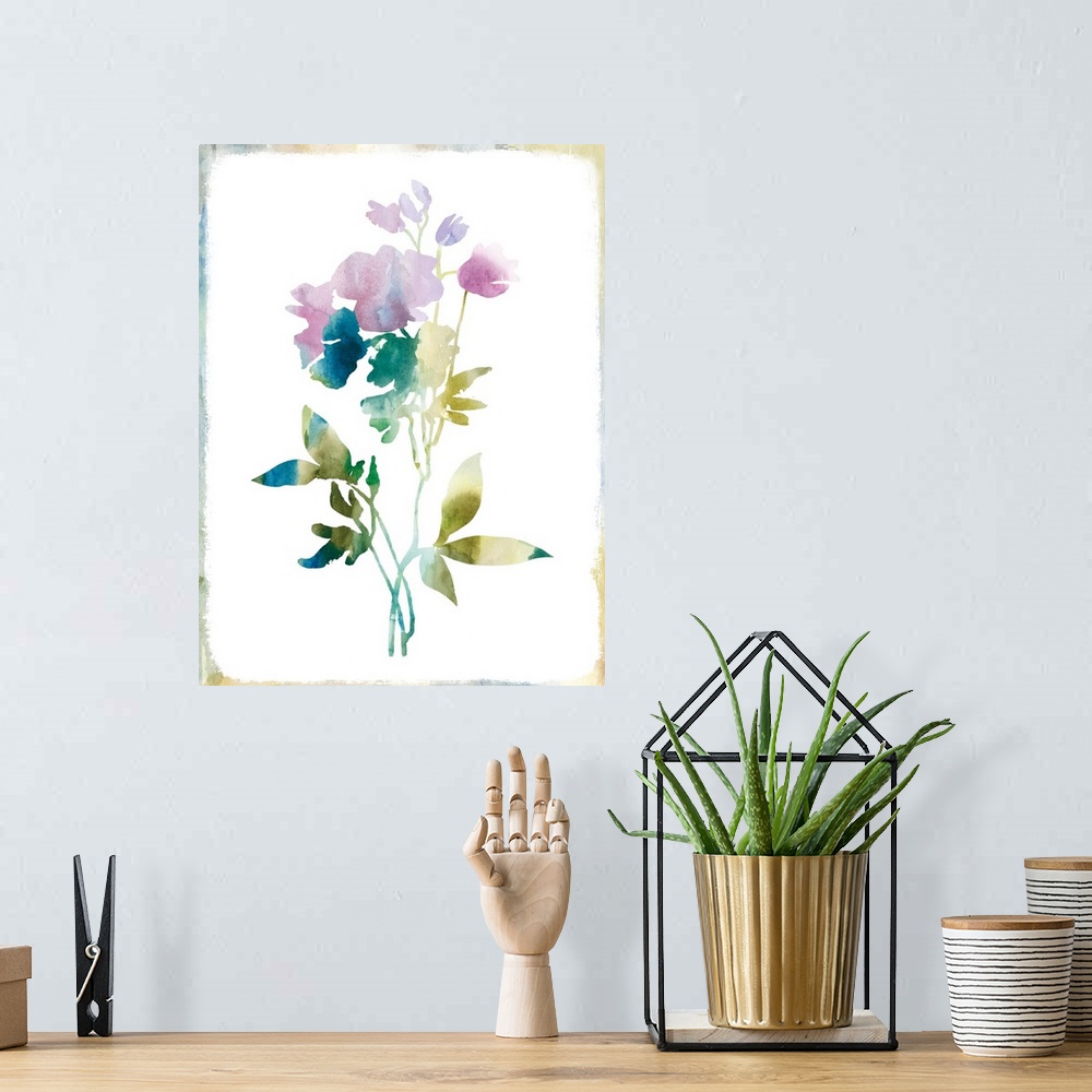 A bohemian room featuring Outline of a small arrangement of flowers in pastel watercolors.
