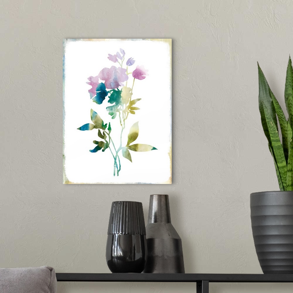 A modern room featuring Outline of a small arrangement of flowers in pastel watercolors.