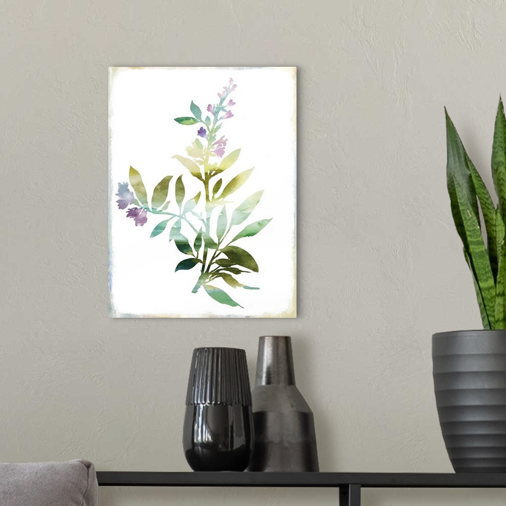 A modern room featuring Outline of a small arrangement of flowers in pastel watercolors.
