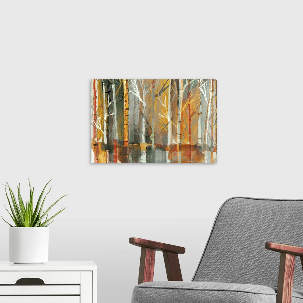 A modern room featuring Contemporary home decor artwork of a dense forest in rich warm tones.