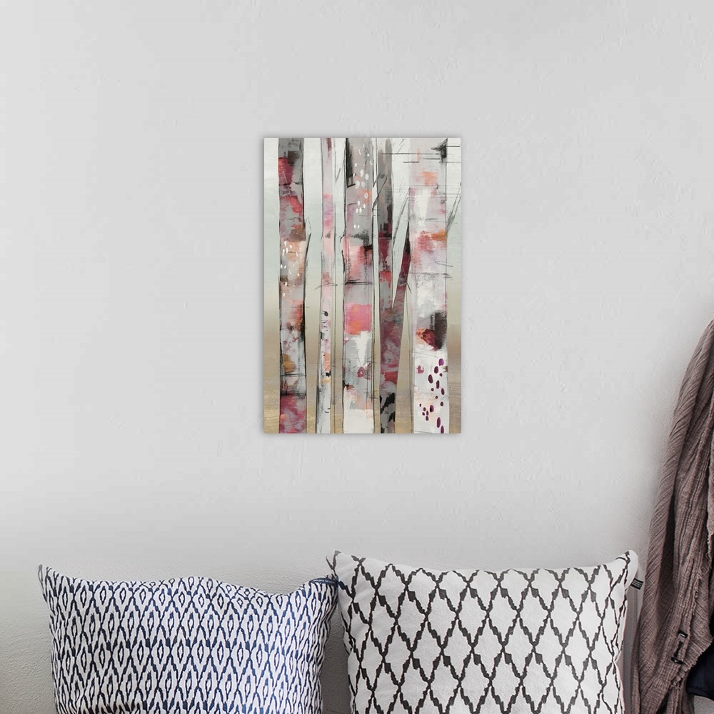 A bohemian room featuring Contemporary artwork of a small group of birch trees in pink shades.