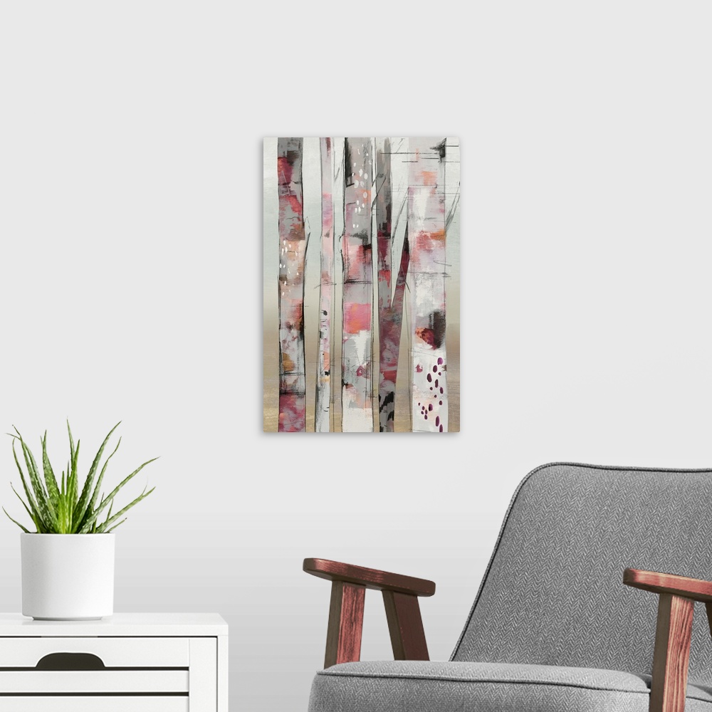 A modern room featuring Contemporary artwork of a small group of birch trees in pink shades.