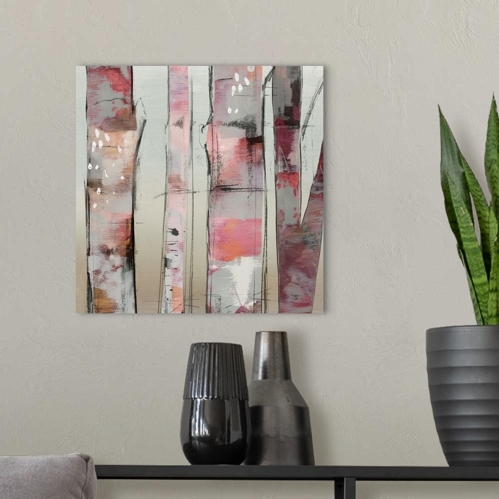 A modern room featuring Contemporary artwork of a small group of birch trees with pink shades.