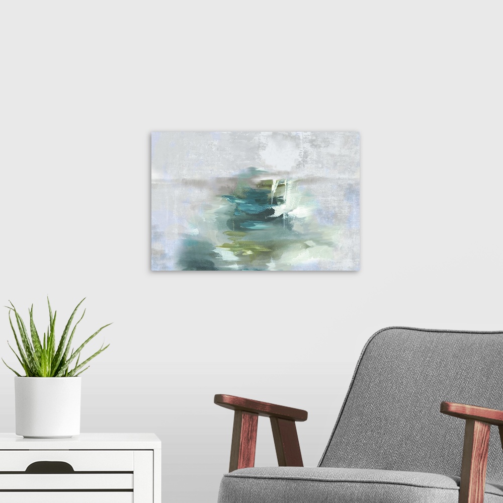 A modern room featuring Abstract artwork with different shades of green in the center that fades to a light gray.