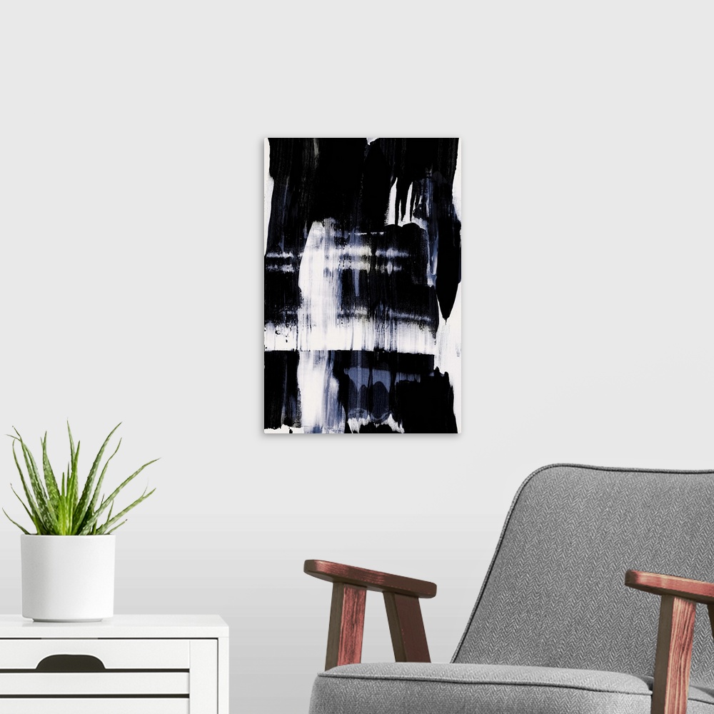 A modern room featuring Abstract painting of large black and blue brush strokes on a white background