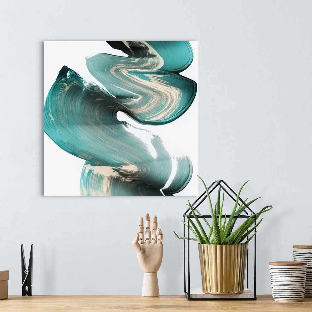 A bohemian room featuring Abstract artwork in dark teal swirls on white.
