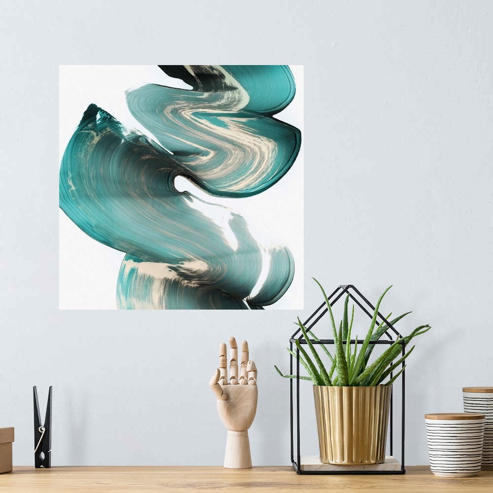 A bohemian room featuring Abstract artwork in dark teal swirls on white.