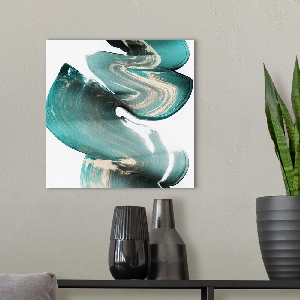 A modern room featuring Abstract artwork in dark teal swirls on white.