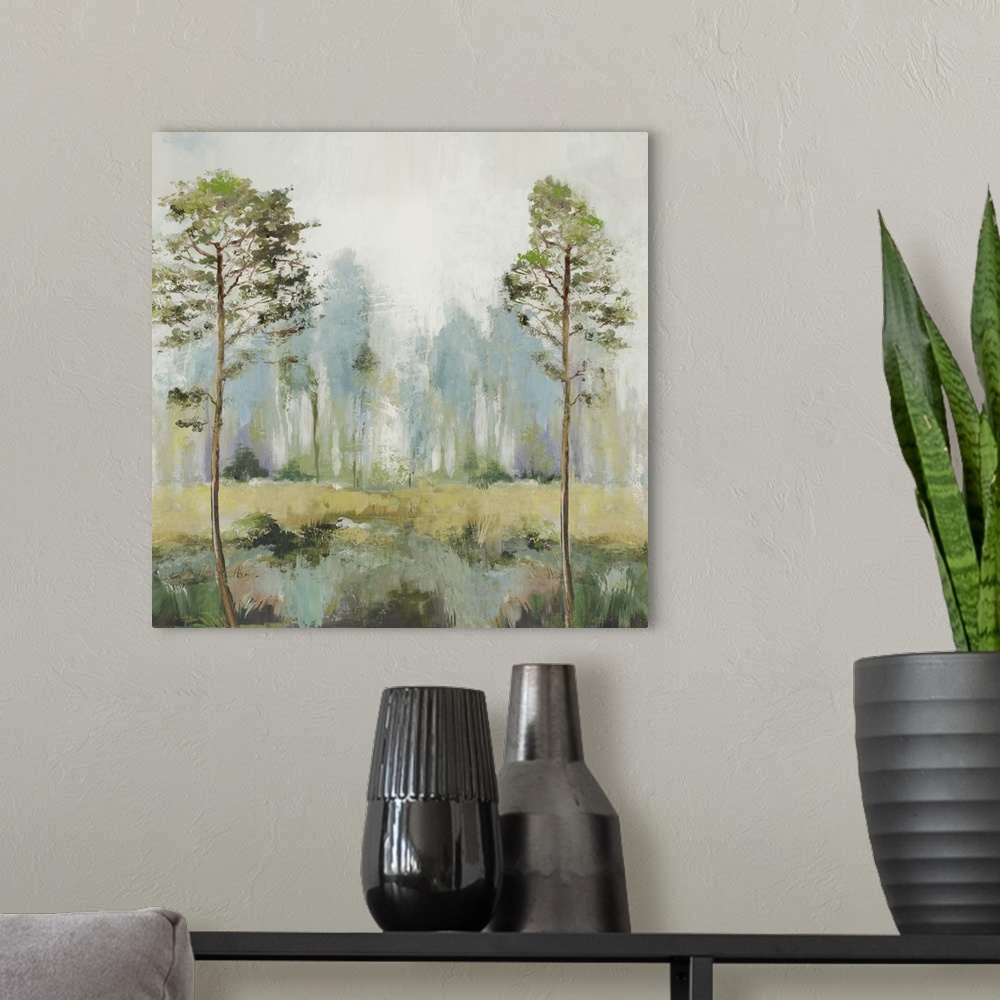 A modern room featuring Tall Green Trees II