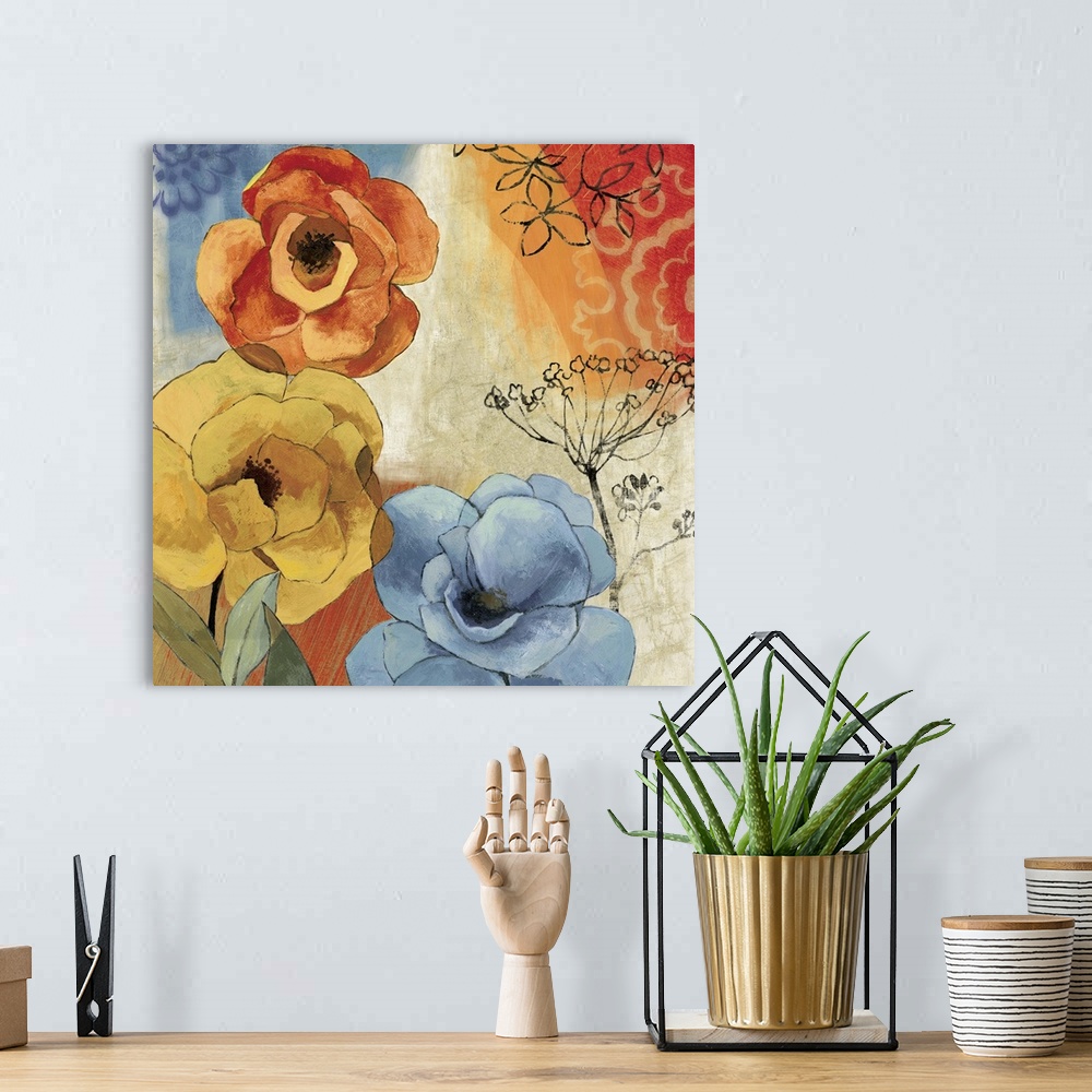 A bohemian room featuring Contemporary home decor artwork of colorful flowers against a multi-colored background.