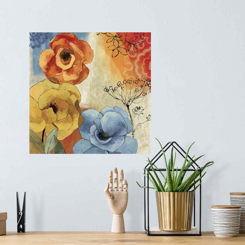 A bohemian room featuring Contemporary home decor artwork of colorful flowers against a multi-colored background.