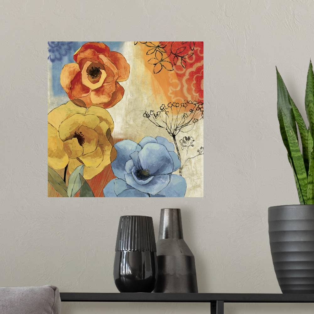 A modern room featuring Contemporary home decor artwork of colorful flowers against a multi-colored background.