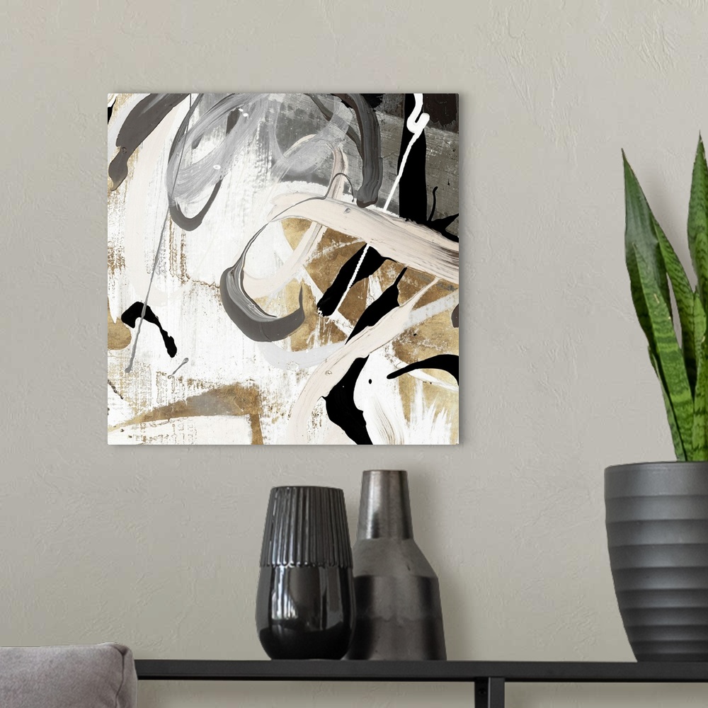 A modern room featuring A Square abstract painting featuring shades of brown, black and white.