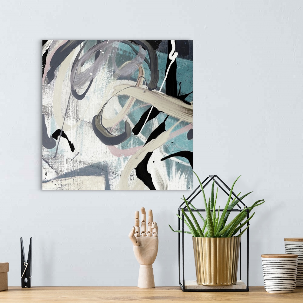A bohemian room featuring A square contemporary painting of abstract shapes in cool color tones.