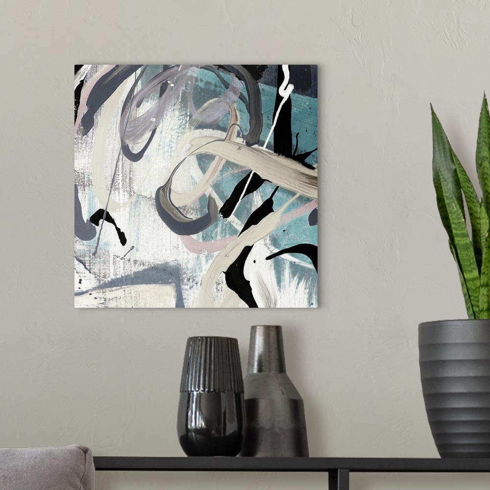 A modern room featuring A square contemporary painting of abstract shapes in cool color tones.
