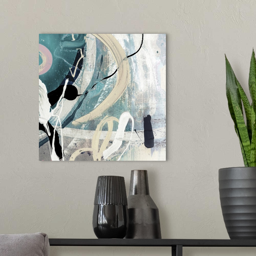 A modern room featuring A Square abstract painting featuring shades of blue, black and white.