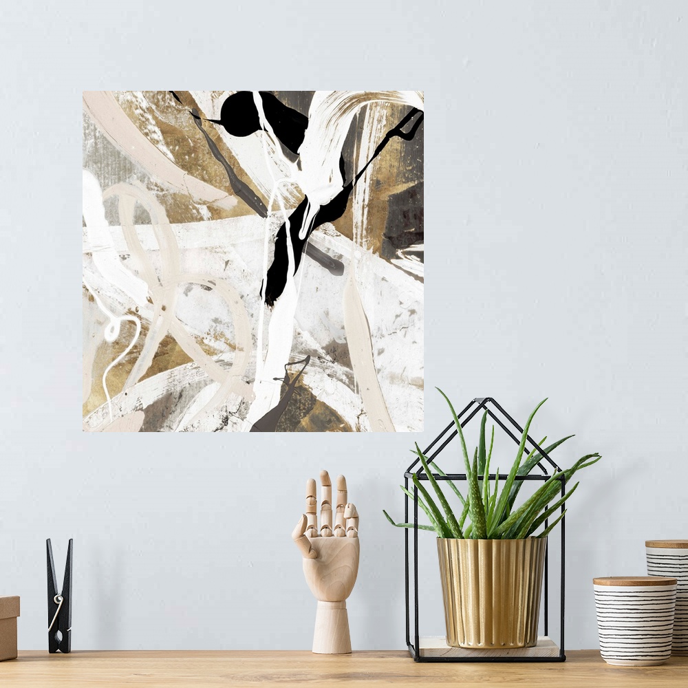 A bohemian room featuring A Square abstract painting featuring shades of brown, black and white.