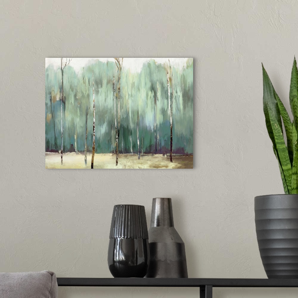 A modern room featuring Contemporary artwork of a jade forest with thin trees.