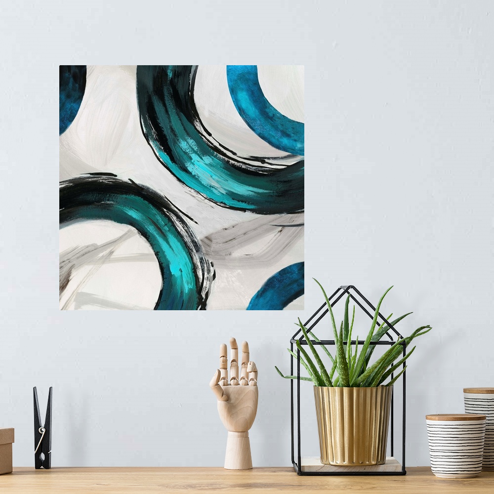 A bohemian room featuring Abstract artwork with wide turquoise rings on white.