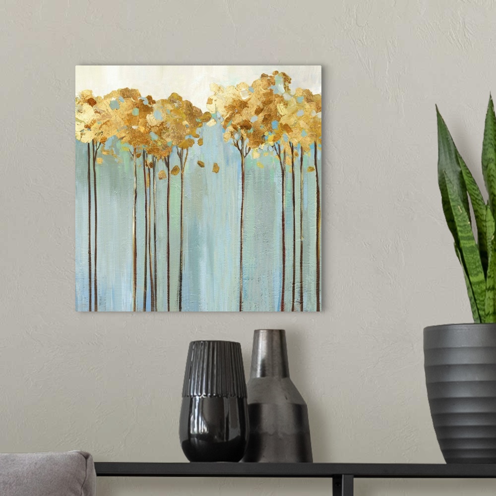 A modern room featuring Contemporary painting of a row of slender trees with golden leaves over pale blue and cream.