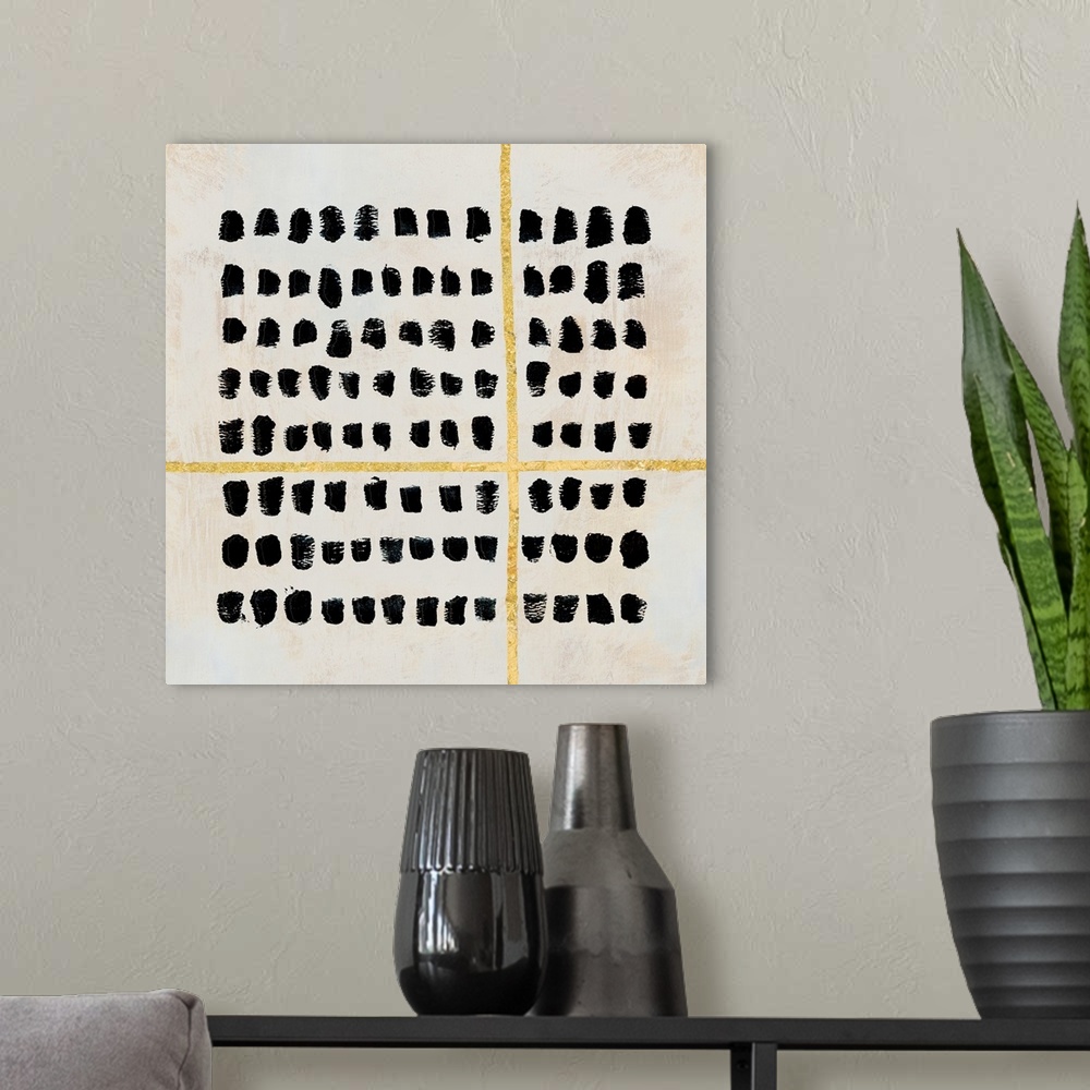 A modern room featuring Square contemporary painting of  textured dots and lines in a pattern.