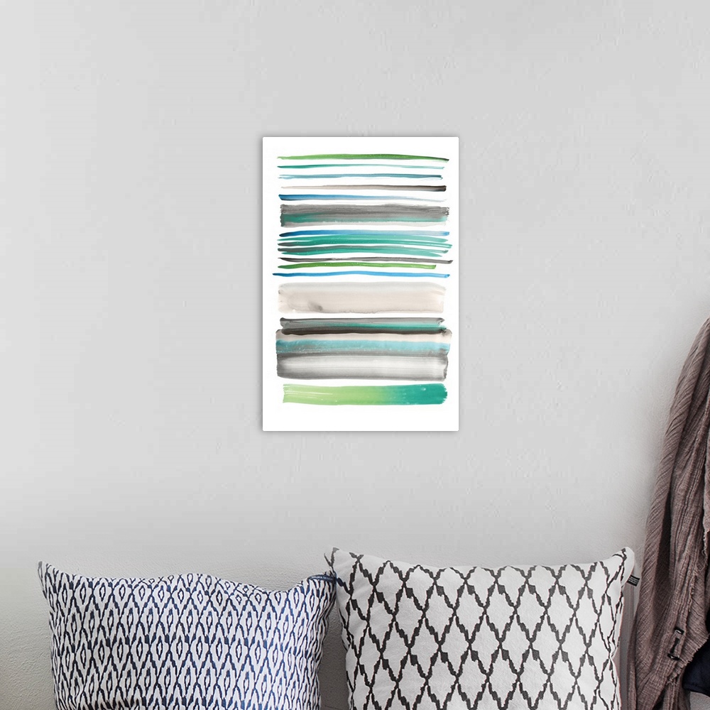 A bohemian room featuring Abstract watercolor artwork of horizontal bands of varying widths in shades of turquoise, grey, a...